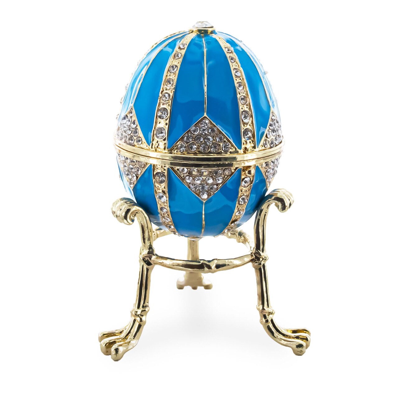 Crystal Rhombus on Blue Enamel Royal Inspired Metal Easter Egg 3.15 Inches